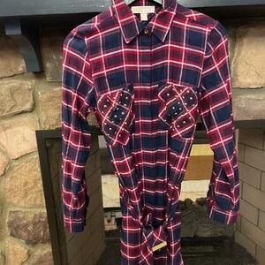 Michael Kors Navy and Red Plaid Shirt Dress with Studded Pockets-Small excellent